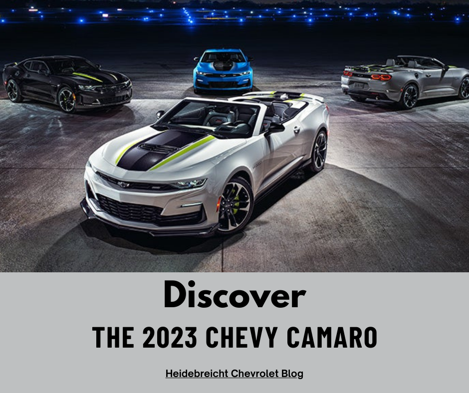 A graphic with a photo of 3 Camaros and the text: Discover the 2023 Chevy Camaro - Heidebreicht Chevrolet Blog