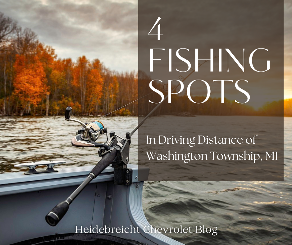 A photo of a fishing boat and rod on a lake in the fall, and the text: 4 Fishing Spots in Driving Distance of Washington Township, MI - Heidebreicht Chevrolet Blog